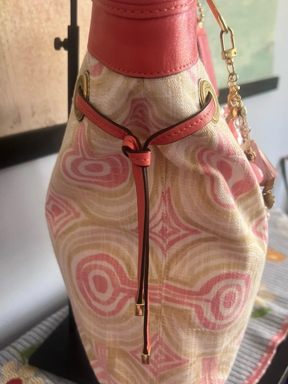 Coach Audrey Signature OP‎ Art Leigh Tote Bag Coral Pink Canvas Leather